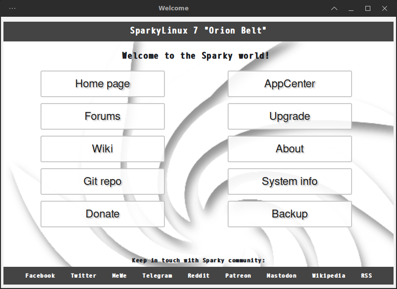 「SparkyLinux 7.0 XFCE」-「Welcome」