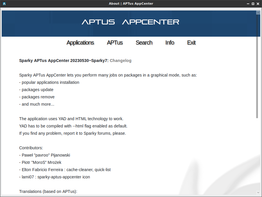 「SparkyLinux 7.0 LXQt」-「APTus」「バージョン情報」