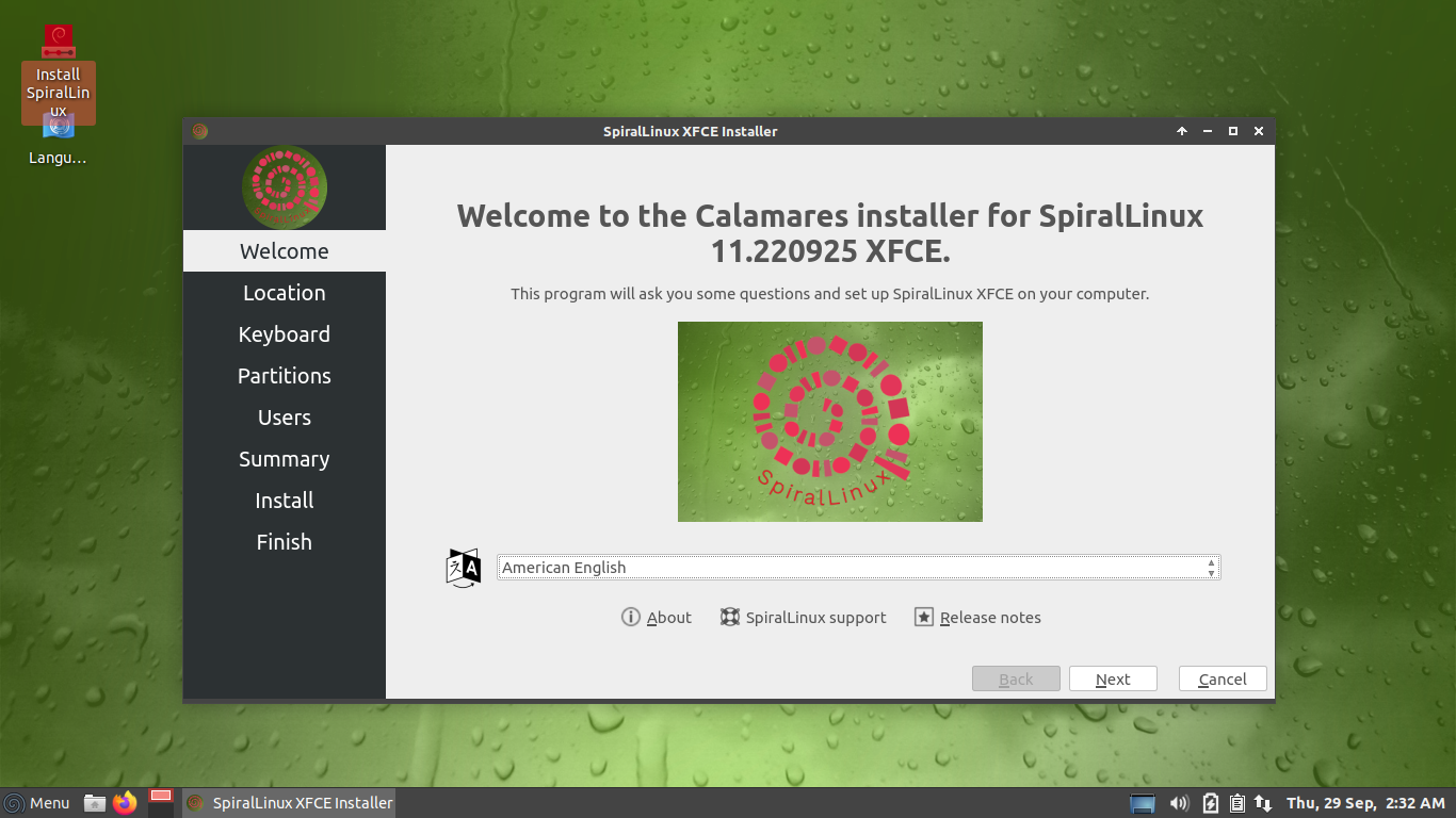 「SpiralLinux 11.220925」-「言語選択」