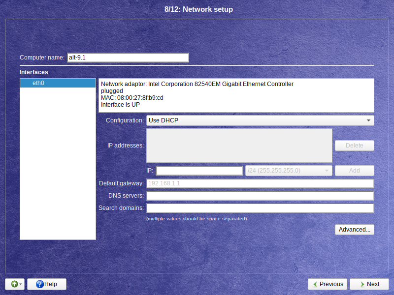 「ALT Linux  9.1」-「Network setup」