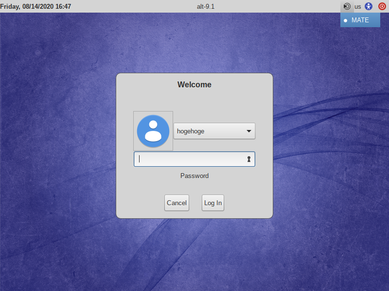 「ALT Linux  9.1」-「ログイン画面」