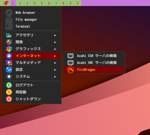 「Garuda 211129 qtile」-「スタート」→「インターネット」→「FireDragon」