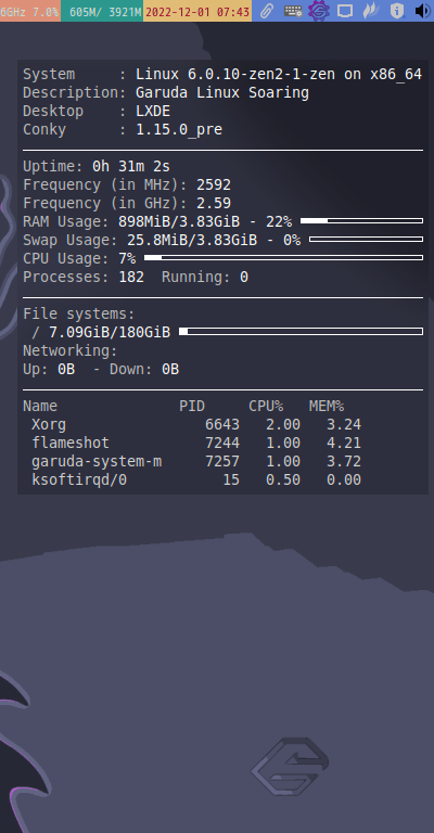 クリックでオリジナルのサイズで開きます 「Garuda 221019 qtile」-「Conky」「表示」