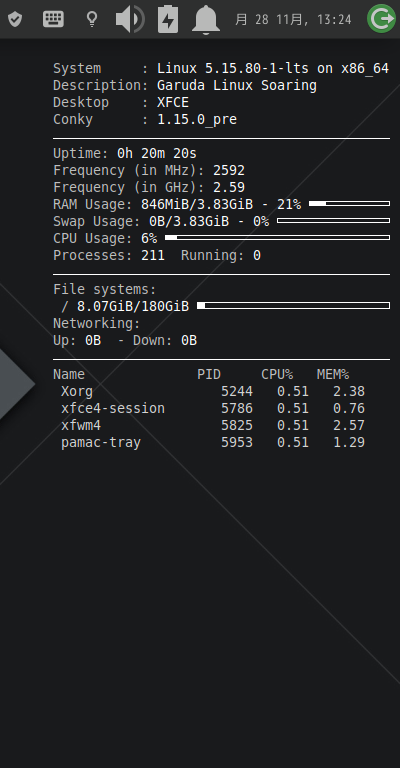 クリックでオリジナルのサイズで開きます 「Garuda 221019 XFCE」-「Conky」「表示」