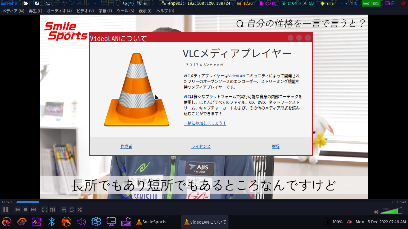 「Garuda 221019 WayFire」-「VLC」「バージョン情報」