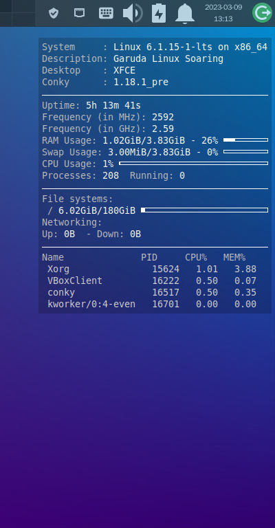 クリックでオリジナルのサイズで開きます 「Garuda 230305 XFCE」-「Conky」「表示」
