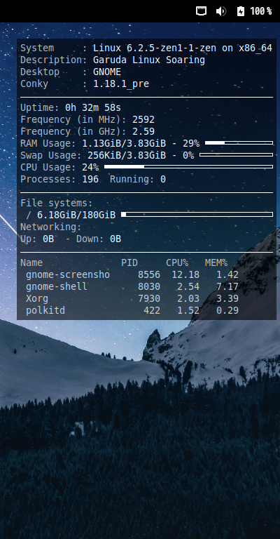 クリックでオリジナルのサイズで開きます 「Garuda 230305 GNOME」-「Conky」「表示」