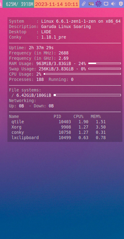クリックでオリジナルのサイズで開きます 「Garuda 231029 qtile」-「Conky」「表示」