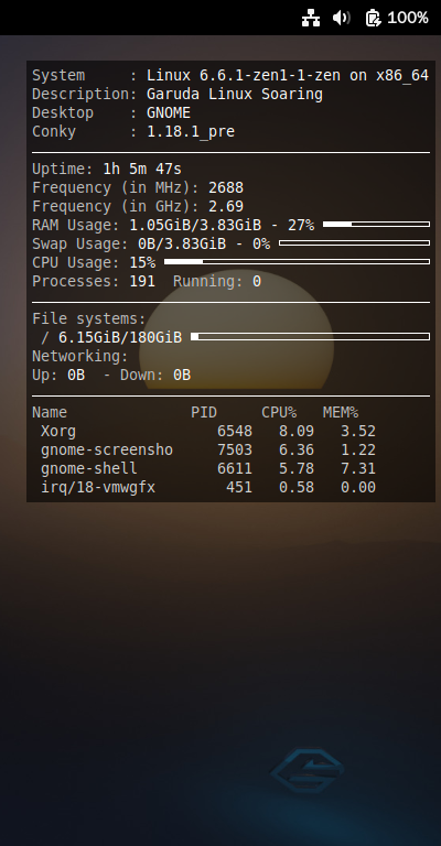 クリックでオリジナルのサイズで開きます 「Garuda 231029 GNOME」-「Conky」「表示」