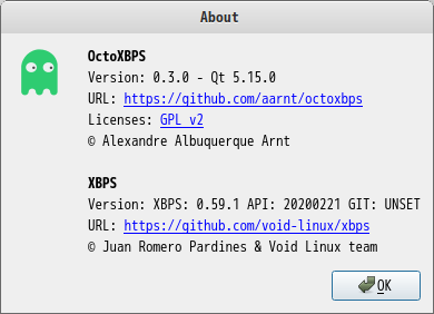 「Void Linux 20210218 MATE」-「OctoXBPS」「バージョン情報」