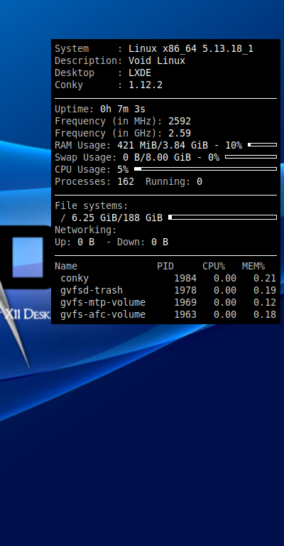 クリックでオリジナルのサイズで開きます 「Void Linux 20210218 LXDE」-「Conky」「表示」