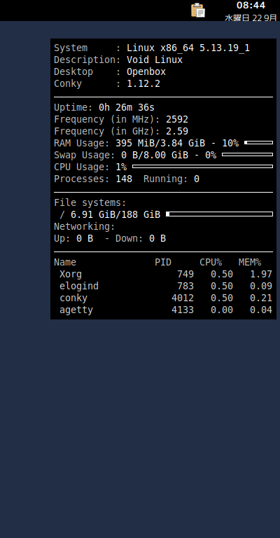 クリックでオリジナルのサイズで開きます 「Void Linux 20210218 Openbox」-「Conky」「表示」