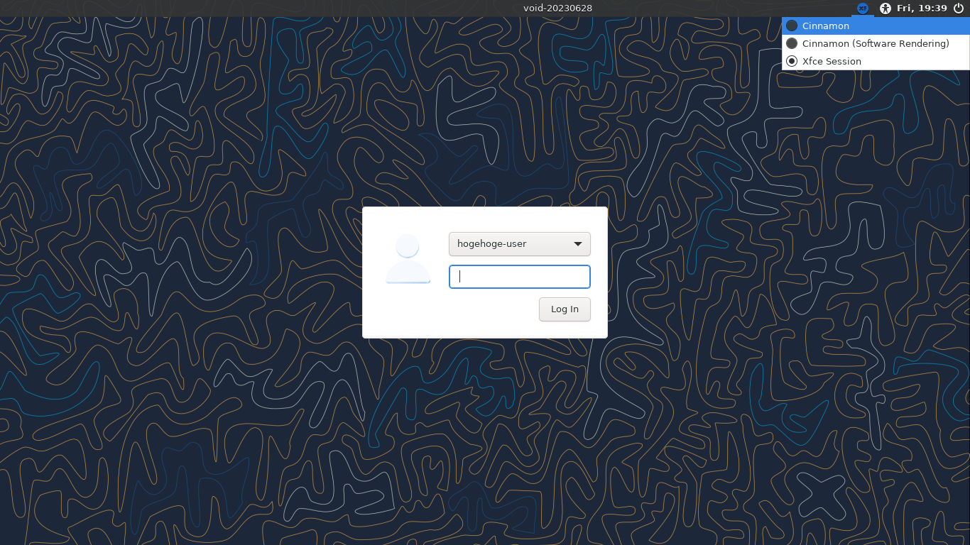 「Void Linux 20230628 Cinnamon」-「ログイン」
