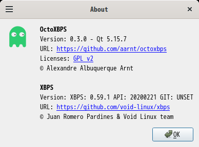 「Void Linux 20230628 Cinnamon」-「OctoXBPS」「バージョン情報」