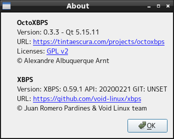 「Void Linux 20240314 LXDE」-「OctoXBPS」「バージョン情報」