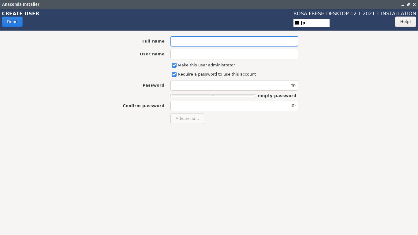 「ROSA 12.1 KDE」「インストール」「User Creation」
