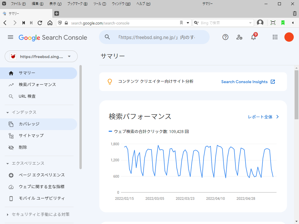 「Google Search Console」-「サマリー」