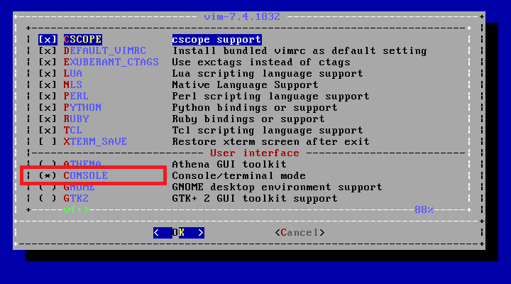 「/usr/ports/editors/vim」「make config」
