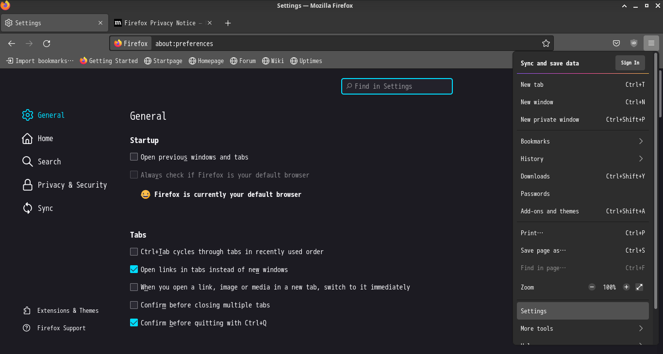 「Firefox 97.0」-「ハンバーガーメニュー」「Settings」