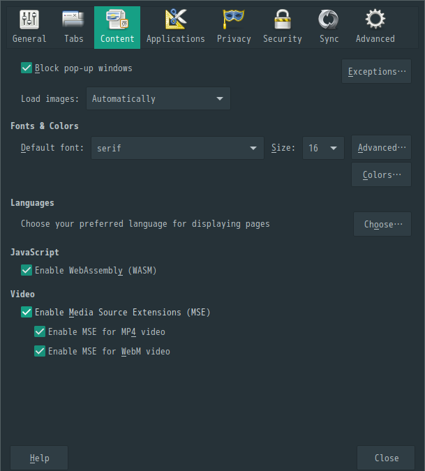 「Manjaro 20.2 i3wm」「Pale Moon」-「Preferences」