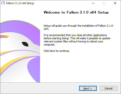 「ブラウザ Falkon」-「インストール」「Welcome to Falkon 3.1.0 x64 Setup」