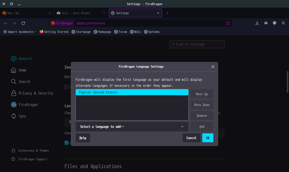 「ブラウザ FireDragon」-「FireDragon Language Settings」