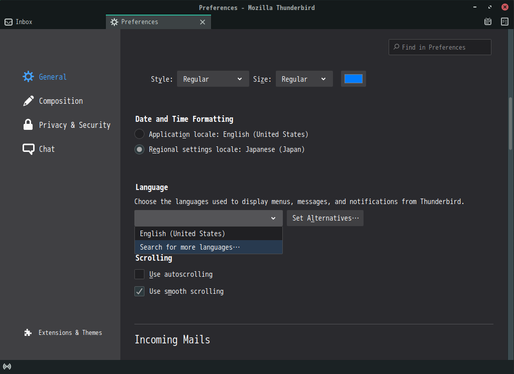 「Thunderbird 78.5.0」-「Preferences」