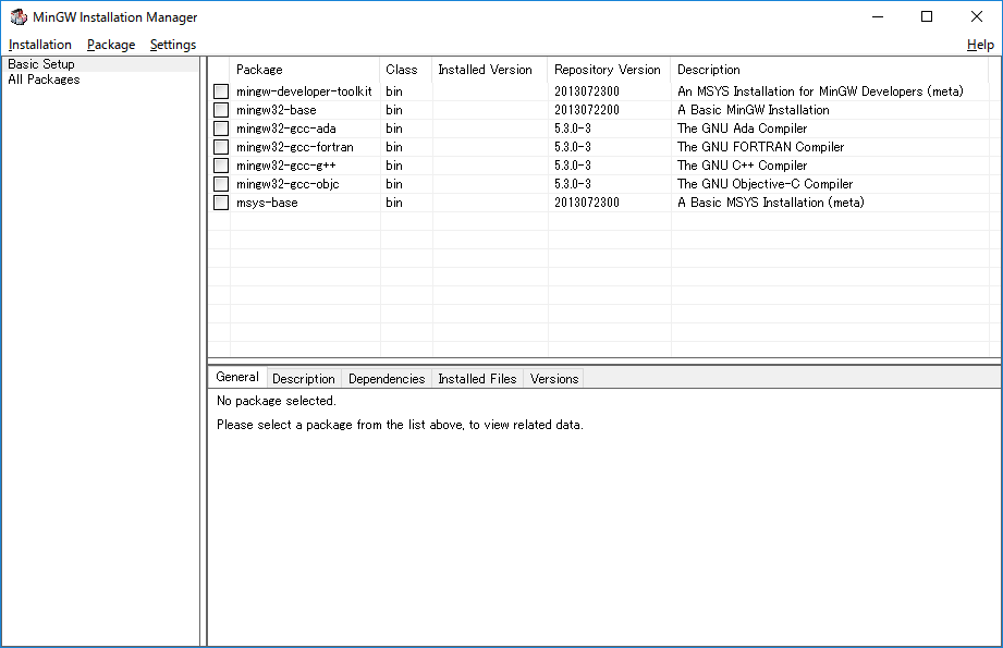「Eclipse」-「MinGW Installation Manager Setup Tool」「Installation Package Setting」