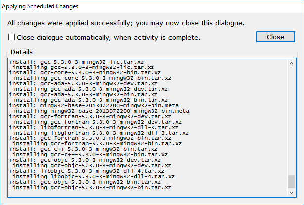 「Eclipse」-「MinGW Installation Manager Setup Tool」「all changes are applied successfully」