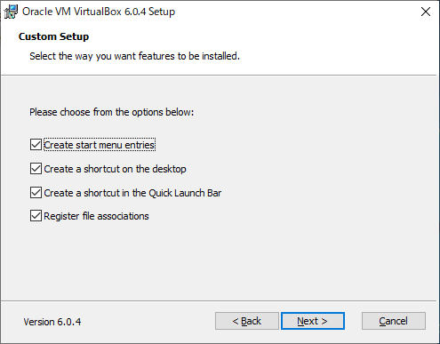 「VirtualBox 6.0.4 インストール」-「追加タスクの選択」