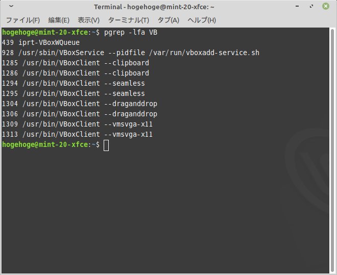 「VirtualBox Guest Additions」「Mint 20 XFCE」-「動作確認」