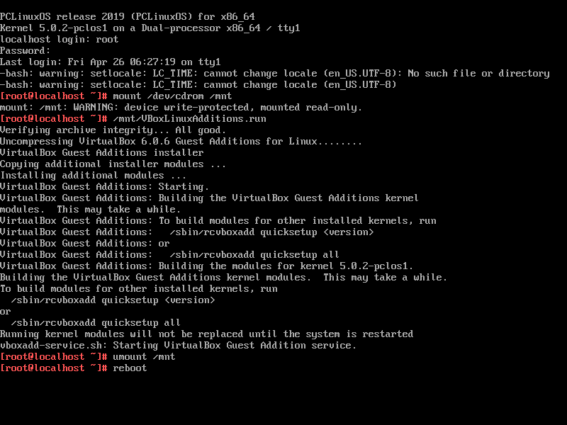 「VirtualBox Guest Additions」「PCLinuxOS 201903 KDE」-「CUI ログイン」