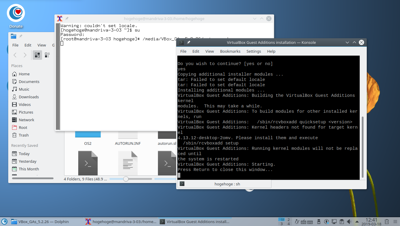 「VirtualBox Guest Additions」「OpenMandriva 3.03」-「実行」