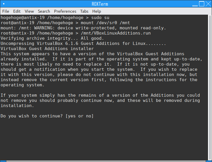 「VirtualBox Guest Additions」「antiX 19.2 Fluxbox」-「インストール」