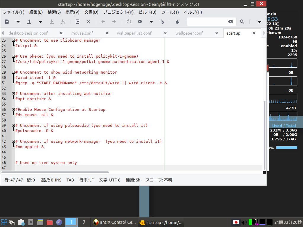 「VirtualBox Guest Additions」「antiX 19.3 IceWM」-「ユーザのデスクトップセッション」
