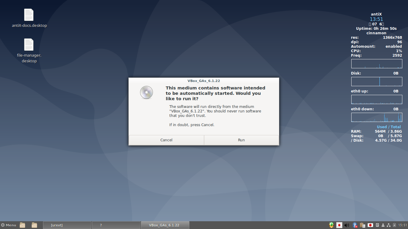 「VirtualBox Guest Additions」「antiX 19.4 Cinnamon」-「would you like to run ?」