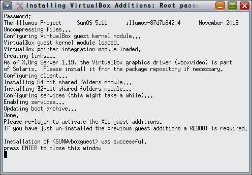 「VirtualBox Guest Additions」「OpenIndiana 2019.10」-「インストール」