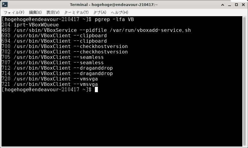 「VirtualBox Guest Additions」「EndeavourOS 2021.04.17」-「XFCE」「動作確認」