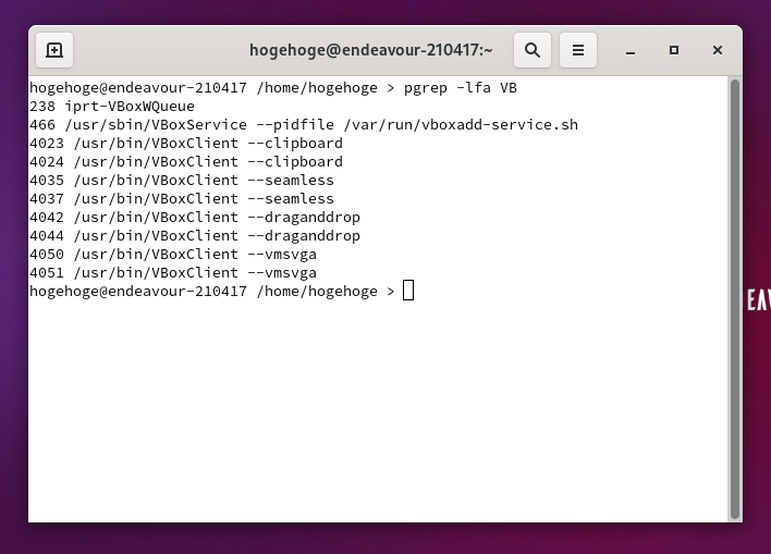 「VirtualBox Guest Additions」「EndeavourOS 2021.04.17」-「GNOME」「動作確認」