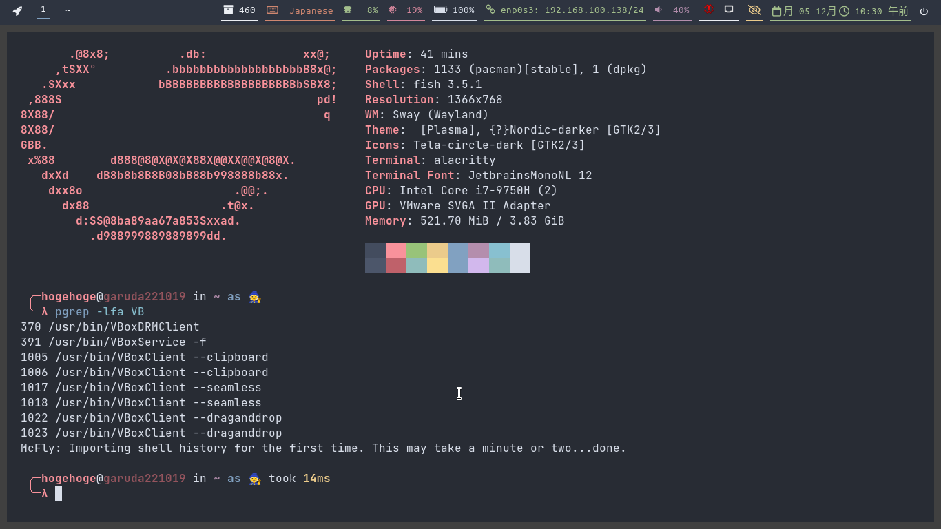 「VirtualBox Guest Additions」「Garuda 230305 sway」-「動作確認」