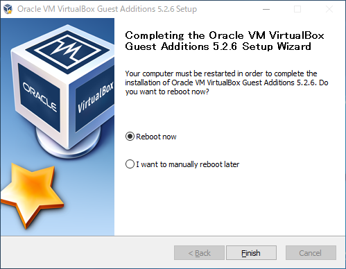 「VirtualBox Guest Additions」「Windows」-「Completing Setup Wizard」
