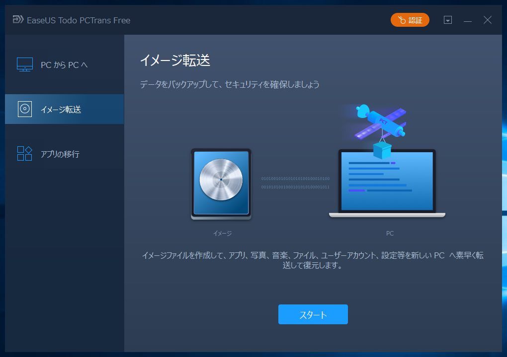 「EaseUS Todo PCTrans Free 10.0」-「イメージ転送」「スタート」