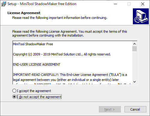 MiniTool ShadowMaker Free - 3.1 -「インストール」→「License Agreement」