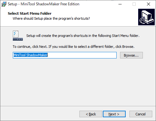 MiniTool ShadowMaker Free - 3.1 -「インストール」→「Select Start Menu folder」