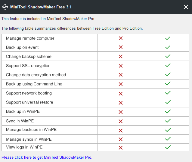 MiniTool ShadowMaker Free - 3.1 -「起動時の設定」→「プロ版でしかできないよん」