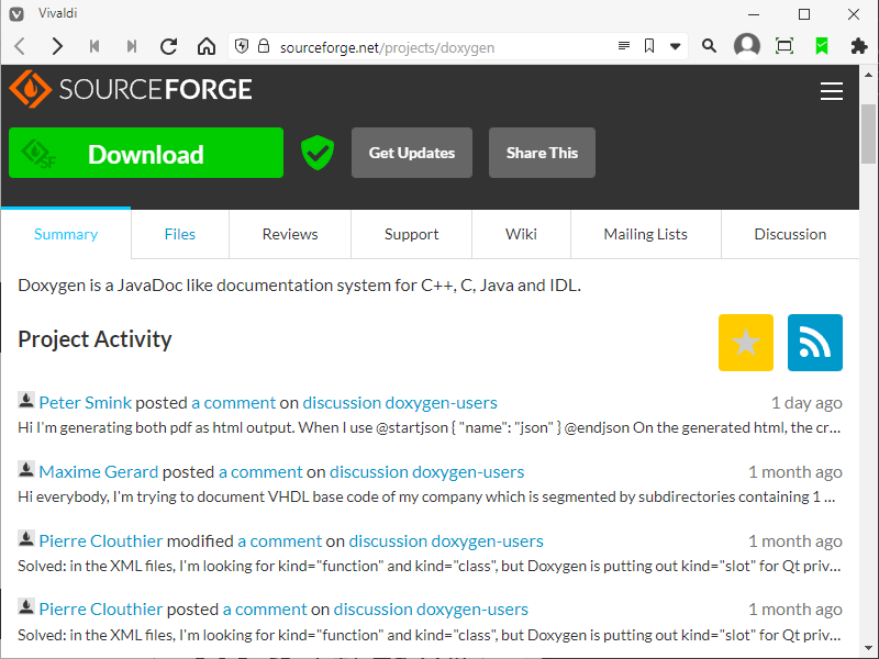 「Doxygen」-「Doxygen download | SourceForge.net」