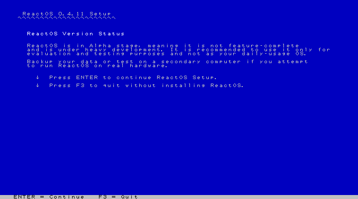 ReactOS - 4.11 - インストール - 続行