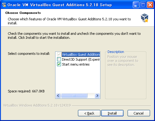 「VirtualBox Guest Additions」-「Choose Components」