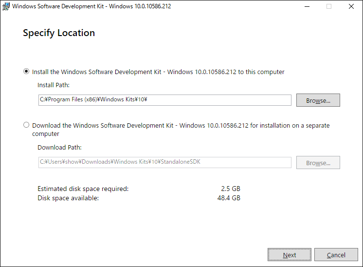「Debugging Tools for Windows インストール」-「Specify Location」
