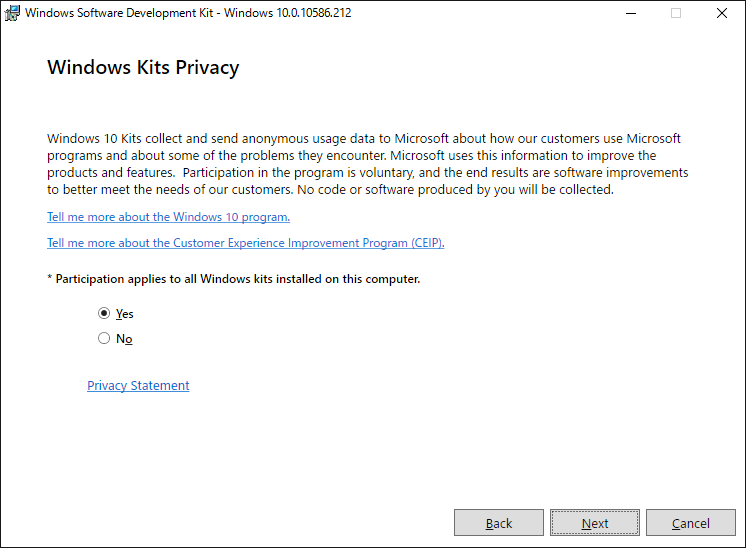 「Debugging Tools for Windows インストール」-「Windows Kits Privacy」